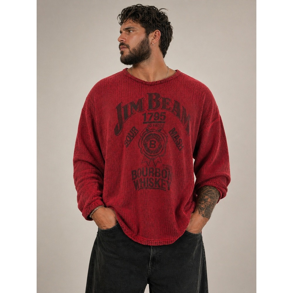 Jim Beam Bourbon Whiskey Graphic Knit Shirt Mens L Red Long Sleeve Casual Boxy